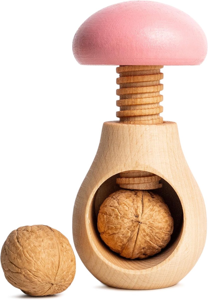 Home Notenkraker Hout | 10 x 6 cm | Roze | Natuurlijk beukenhout, Paddenstoelvormig, met schroefmechanisme, Schroefdraad, Solide & Handige Notenkraker Paddenstoel