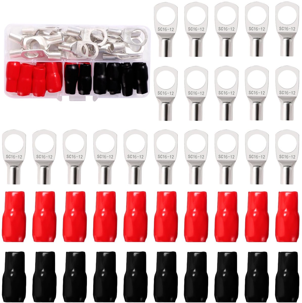 40 Stuks M12 SC16-12 AWG6 Ringklemmen Set, Buisvormige Batterijkabeluiteinden, Batterij Kabel Eind Terminals, met Isolatie Mouwen, voor Elektrische Kabel, Zilver