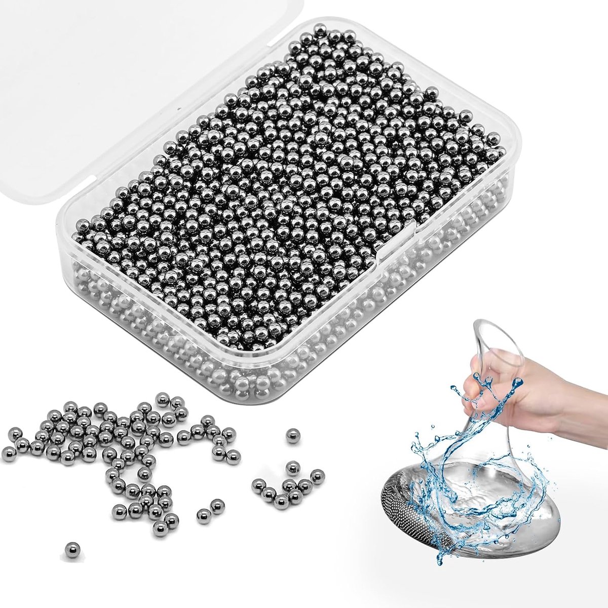 2000 x roestvrijstalen ballen 3 mm reinigingsparels voor flessen reinigingsballen | Premium 304-metaal, krasvrije netheid, met compacte opbergdoos, beschermt karaffen, vazen en shisha's, roestvrij