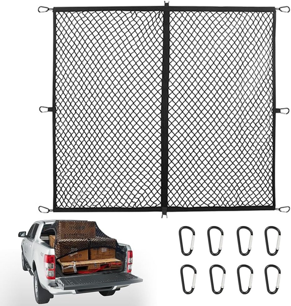 elastisch bagagenet, cargo-net voor pick-up, 1,2 x 1,2 m, met 8 karabijnhaken, 8 x achterorganizer voor pick-uptrucks, ladingbeveiligingsnet voor alledaagse lichte artikelen