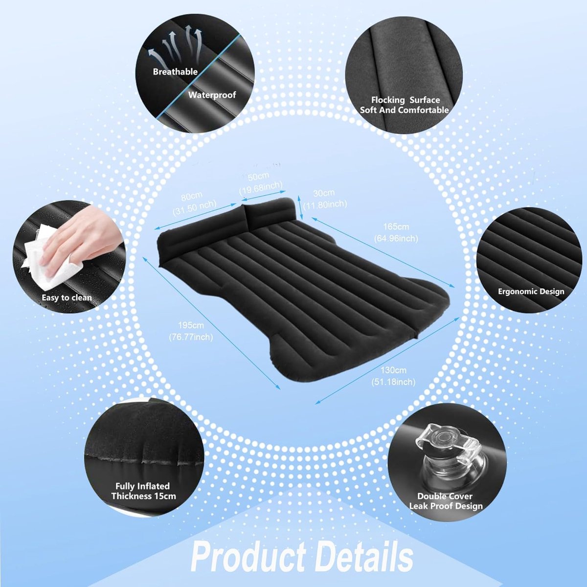 Luchtmatras, Opblaasbaar matras voor model Y SUV Camper Van | automatras voor kofferbak achterbank, campingmatras auto matras 195x130 cm, luchtbed autobed voor reizen naar (Zwart)