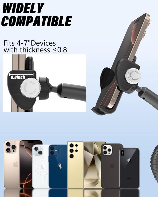 Zwanenhals Rolstoel & Kinderwagen, Draagbare StuurTelefoonhouder voor Oefenfiets/Fiets/Tredmol, Compatibel met iPhone 16 Pro Max/15/14/13/12, Android en alle smartphones — afbeelding 5