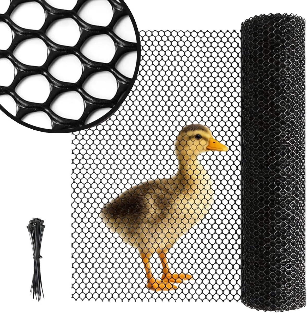 6 m x 40 cm, zwart, kippendraad, kunststof, konijnengaas, volièregaas, kattenhek, met 30 kabelbinders, woelmuisrooster voor omheining en afbakening van kippenhok, tuinbescherming