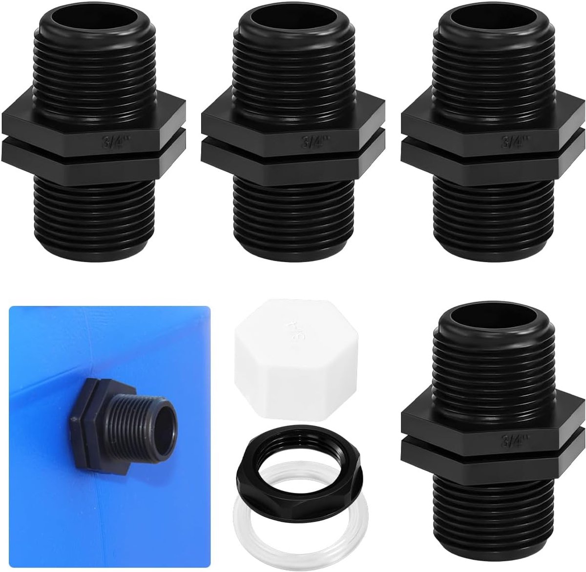 4 stuks watertankschroefverbindingen van kunststof, 25 mm aansluitset regentank met 4 moeren, 4 afdichtingen, 4 doppen, aansluiting voor platte watertank, IBC-tank voor de tuin