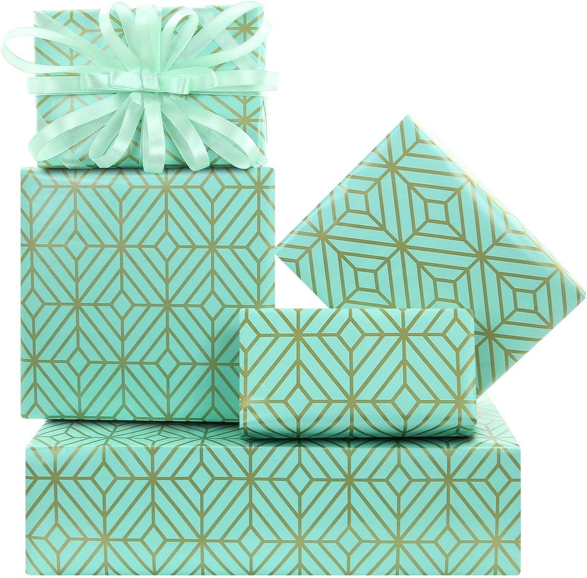 mintgroen en goud geometrisch abstract ruitrooster inpakpapier met lint, 4 vellen minimalistische klassieke geschenkverpakking, plat gevouwen 50x70cm, voor bruiloft, bruidsdouche, verjaardag