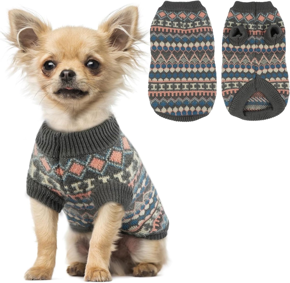- Boho hondentrui klein, medium groot, gebreide kersttrui met harnasgat, dikke warme winterkleding voor mini-teckel, speelgoedpoedel, grijs, S