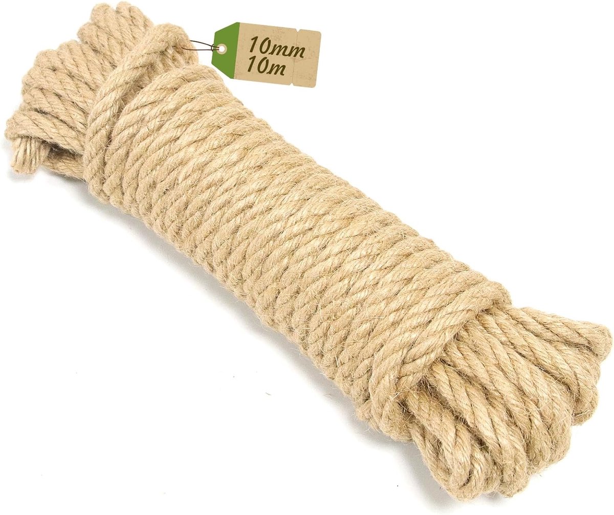 Touw, 10 mm x 10 m, sterk henneptouw van natuurvezel, voor tuin, doe-het-zelf, decoratie
