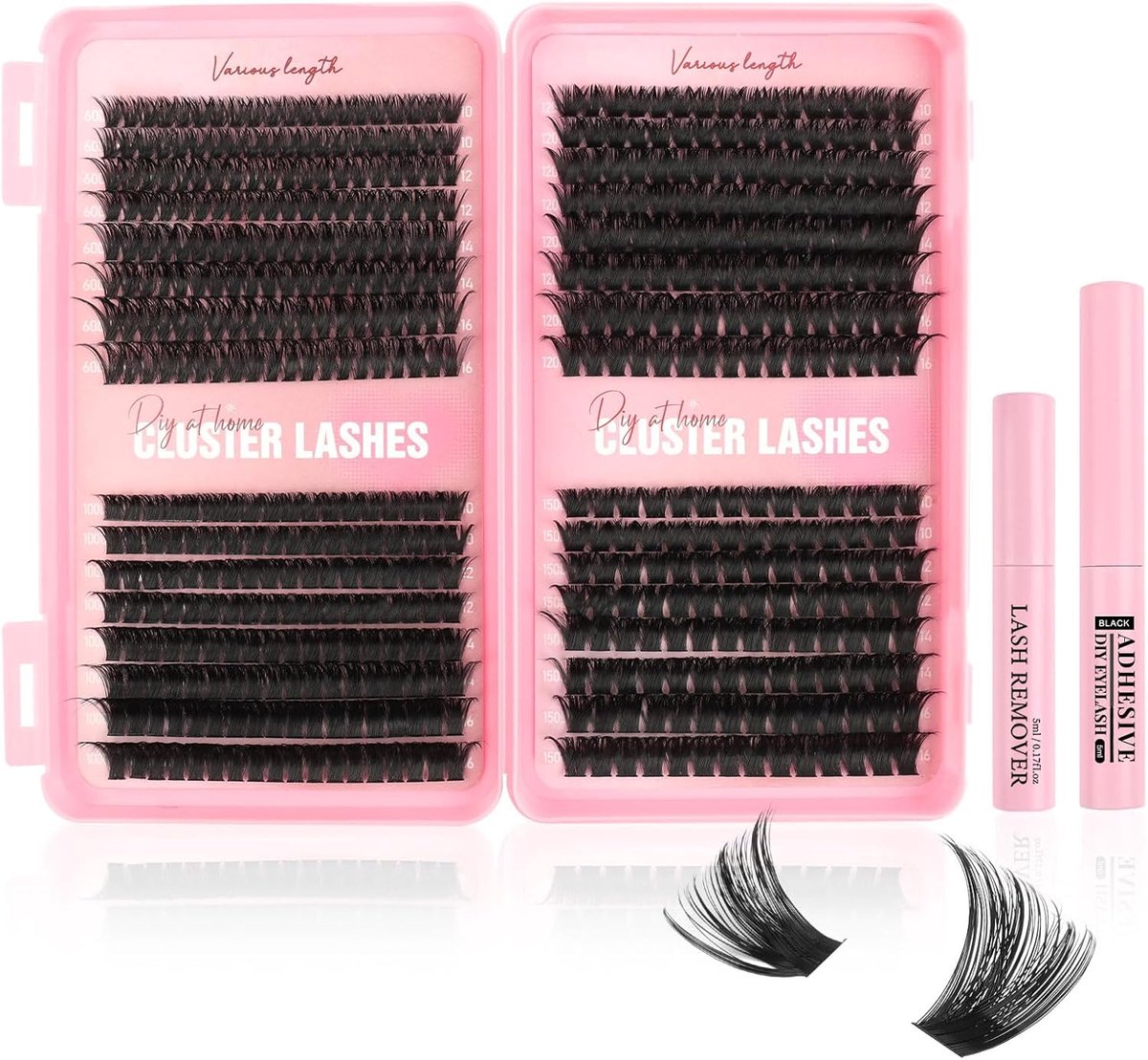 Cluster Wimpers Kit - 544PCS D Krul Individuele Nepwimpers met Lijm & Remover voor Thuisgebruik - Valse Wimpers DIY Set (60D+100D+120D+150D)
