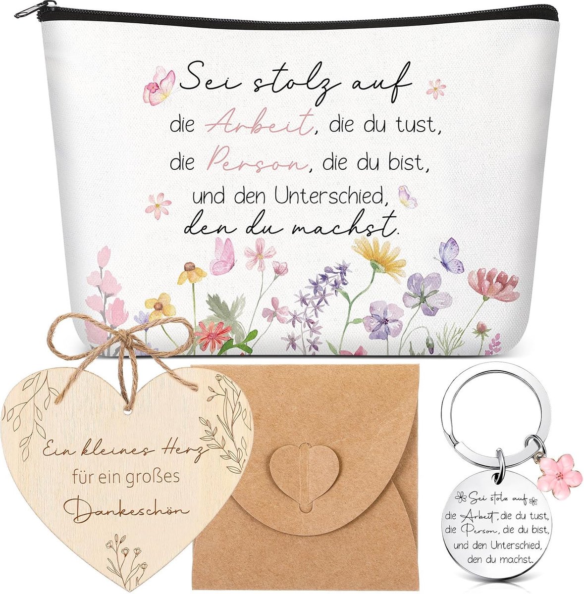 Set van 4 bedankcadeaus voor leraren met bloemen, cosmeticatas, hart, hout, bedankkaart met enveloppen, sleutelhanger met gravure, bedankje, cadeaus voor lerares, opvoeders