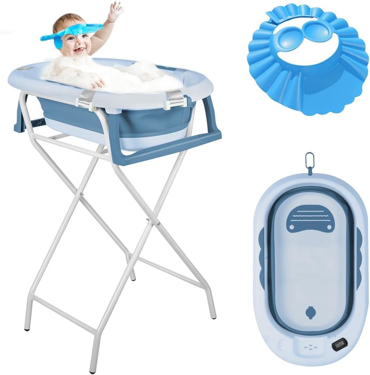 XXL opvouwbaar babybad op voet, kinderbad met steunkussen, waterthermometer en babyhoofdspoel, 82 x 42 x 22 cm (blauw)