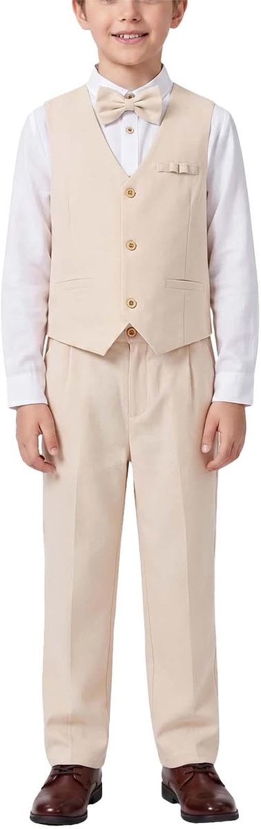 Page, jongens, bruiloft, vest, broek, kinderen, linnen, formeel pak vest, wit shirt, broek en stropdas set, doop ceremonie Prom verjaardag feestkleding, vest + broek + shirt + stropdas, 4stuks