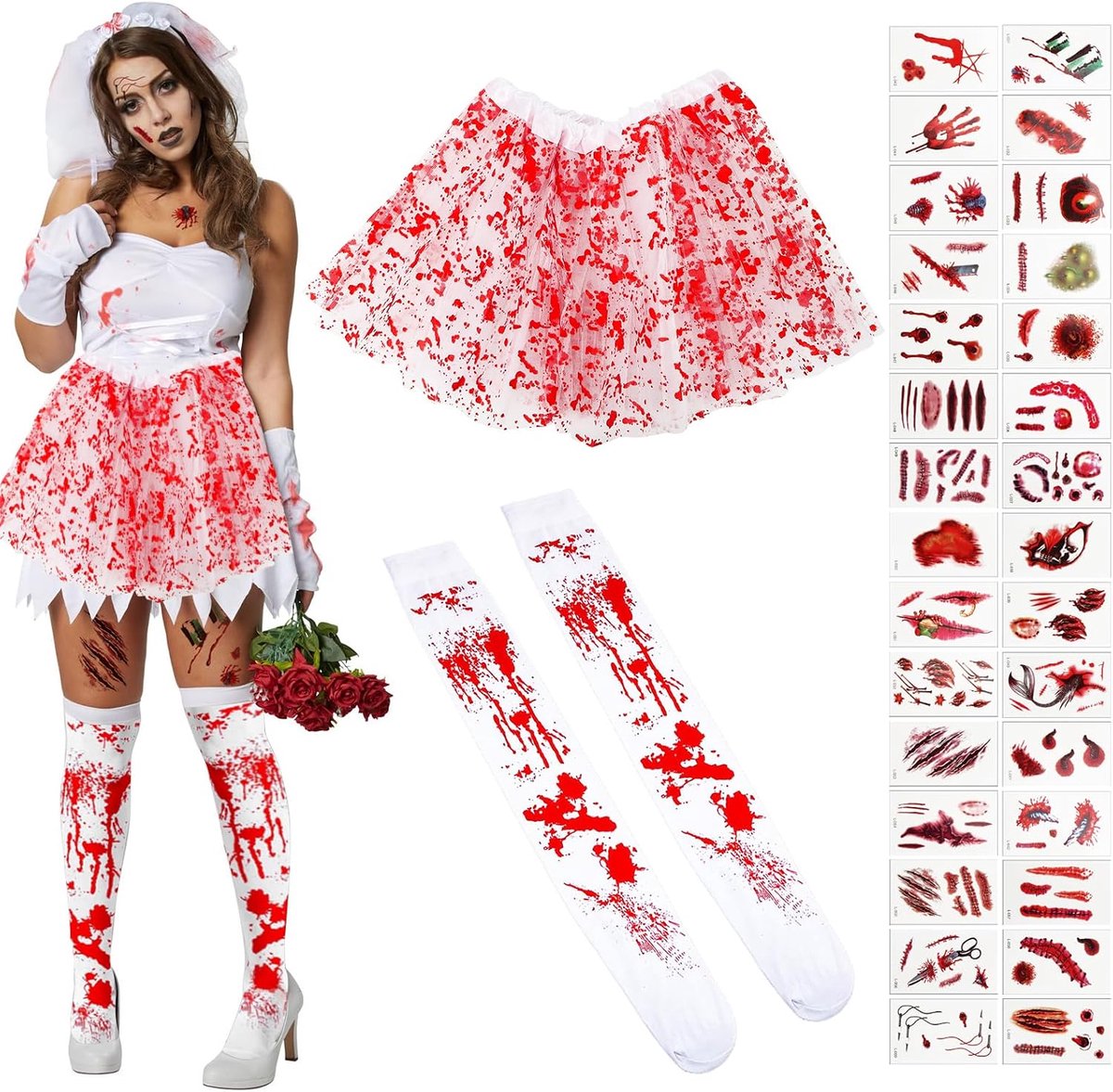 slager, bloedige tutu-rok, bloedsokken, bloedige tattoo-stickerset, Halloween-decoratie, feest, verkleedpartij, bloedig carnaval, themafeest, kostuums voor vrouwen