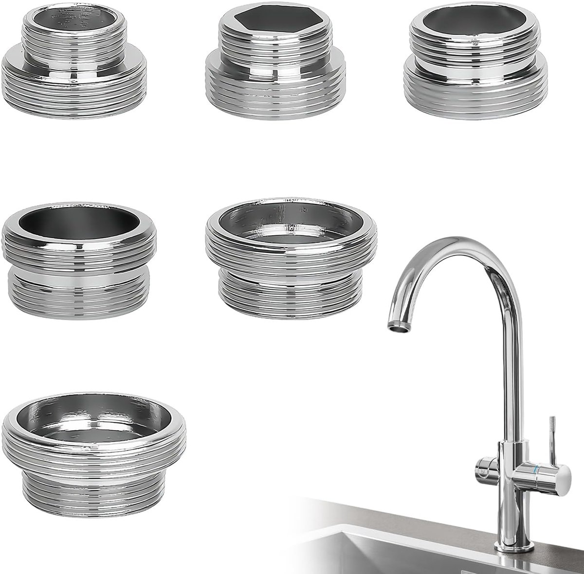 6-delige Kraanadapter Set, 16mm tot 28mm Universele Maat voor Keukenspoelbak, Tuinslang, Sproeiers & Waterfilters