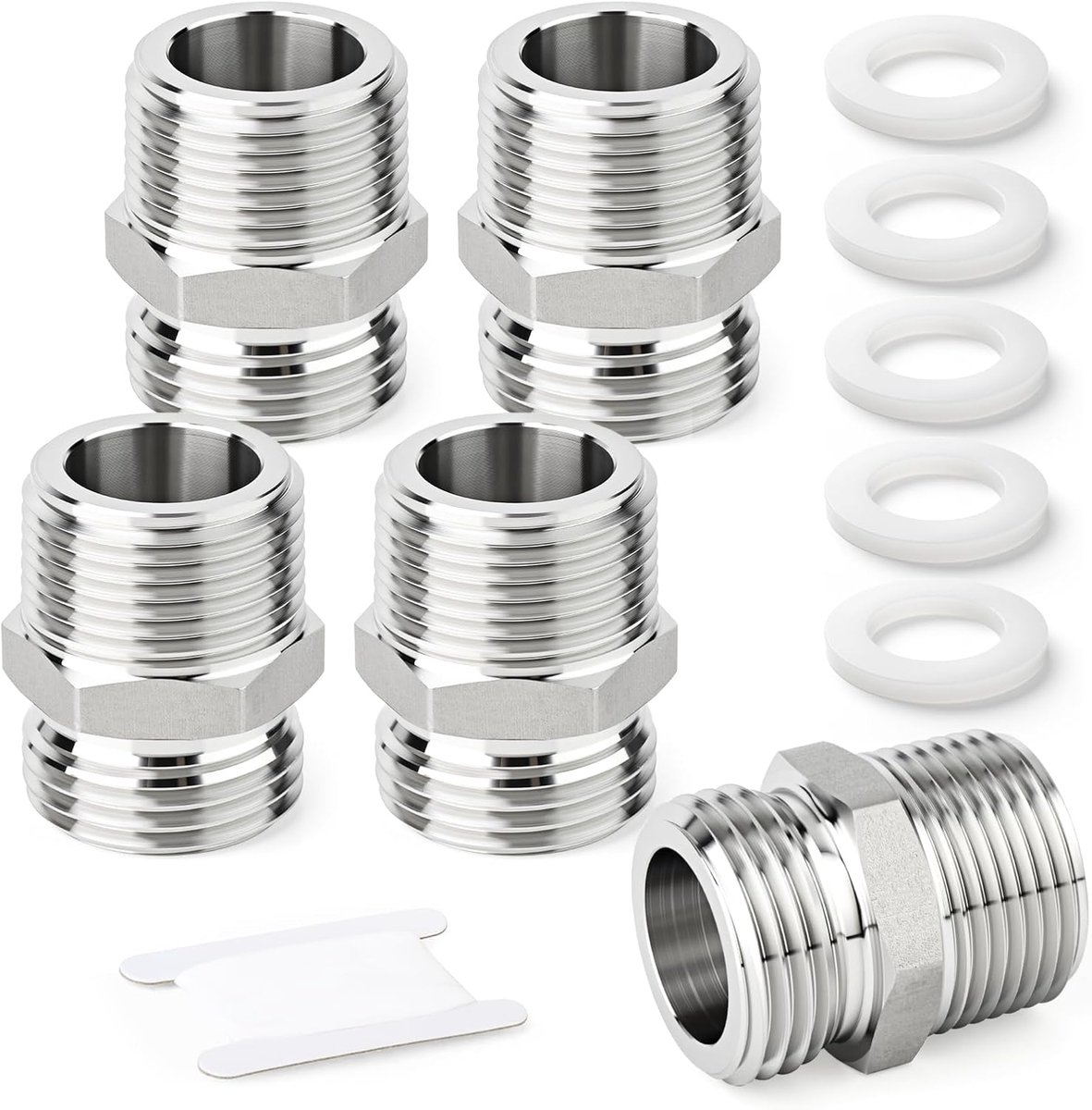 5 stuks tuinslangadapter, 3/4" GHT mannelijk x 3/4" BSP mannelijk 304 roestvrijstalen slangkoppelingen met sluitringen