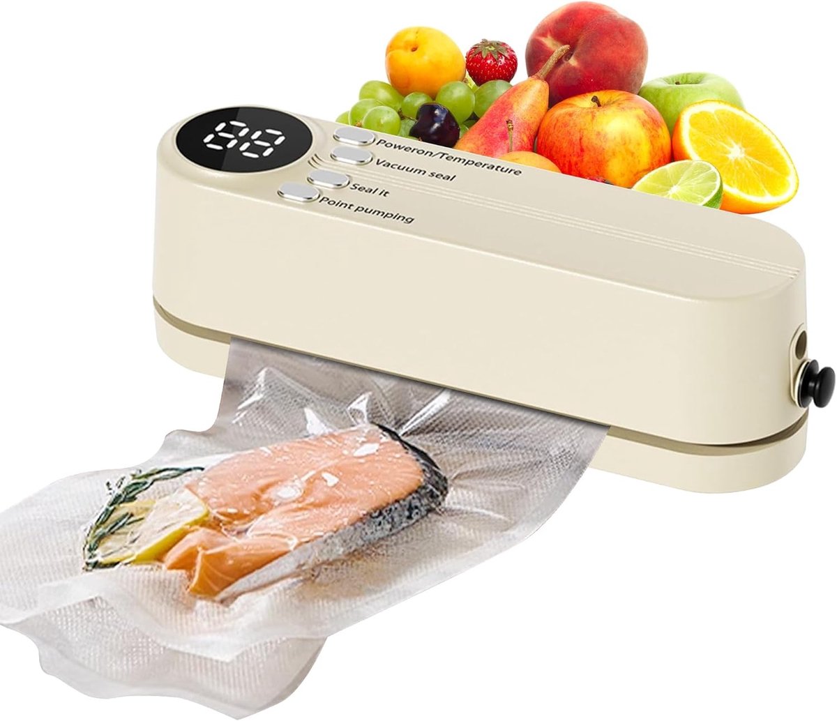 draagbaar, 60 KPA folielasapparaat met 3 temperatuurniveaus, 5 zakken, 1 opblaasadapter en 1 luchtafzuigadapter voor snackconservering en het bewaren van levensmiddelen (beige)