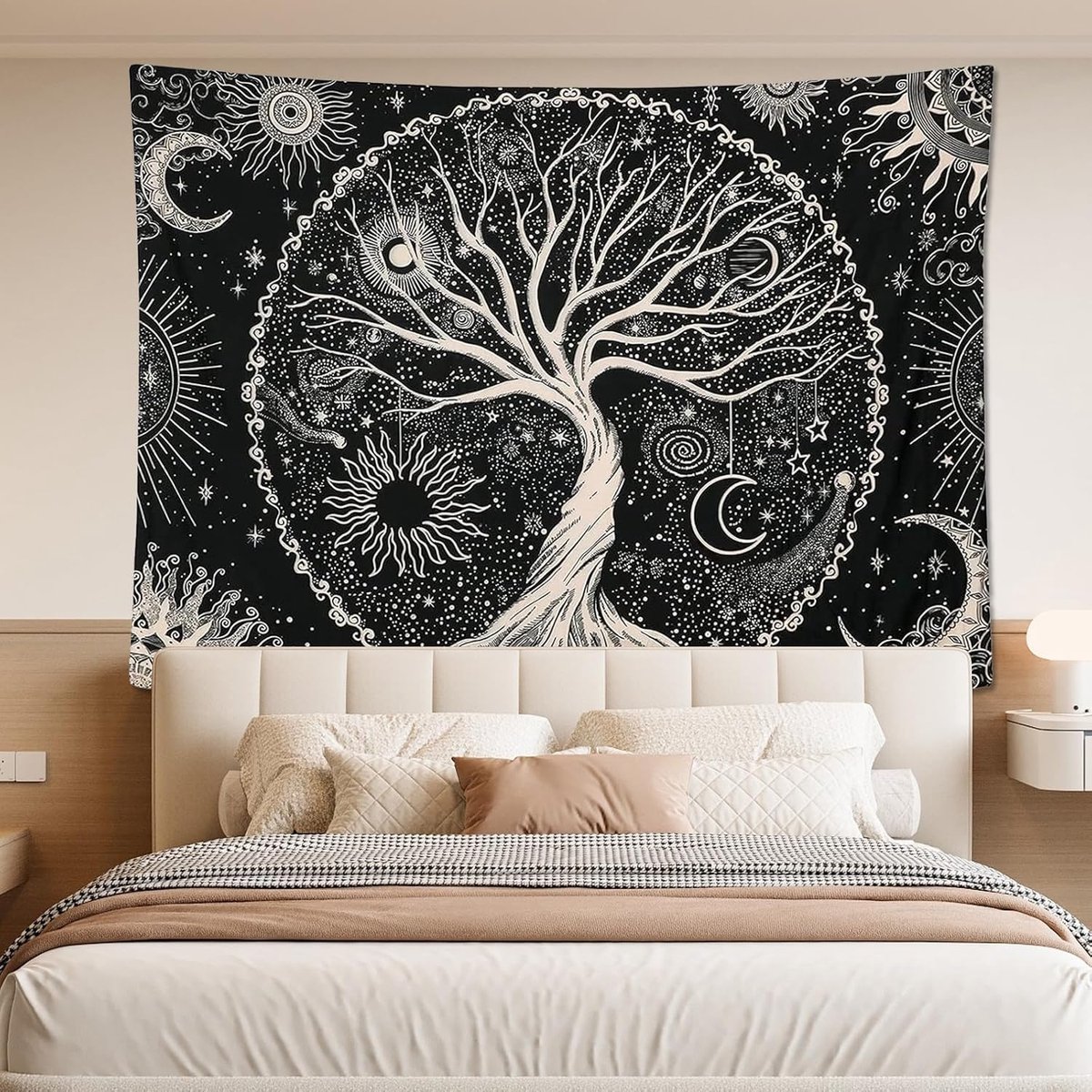 Levensboom, maan en zon, zwart-witte psychedelische mandala, sterrenhemel, wandtapijt voor wanddecoratie (150 x 200 cm)