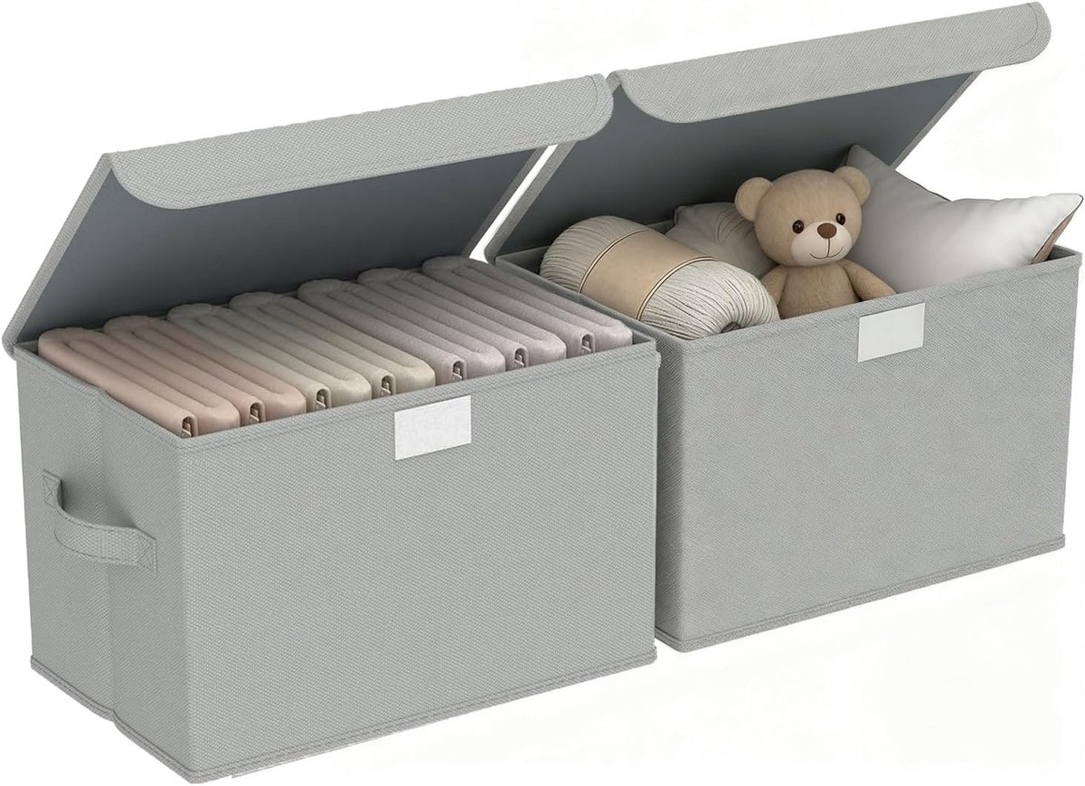 Opbergdoos met deksel, set van 2 opvouwbare opbergdozen met handgrepen, 26 cm (L) x 21 cm (B) x 17 cm (H), vliesstof, opslag voor kleding, speelgoed, boeken, kast, slaapkamer, thuis, grijs