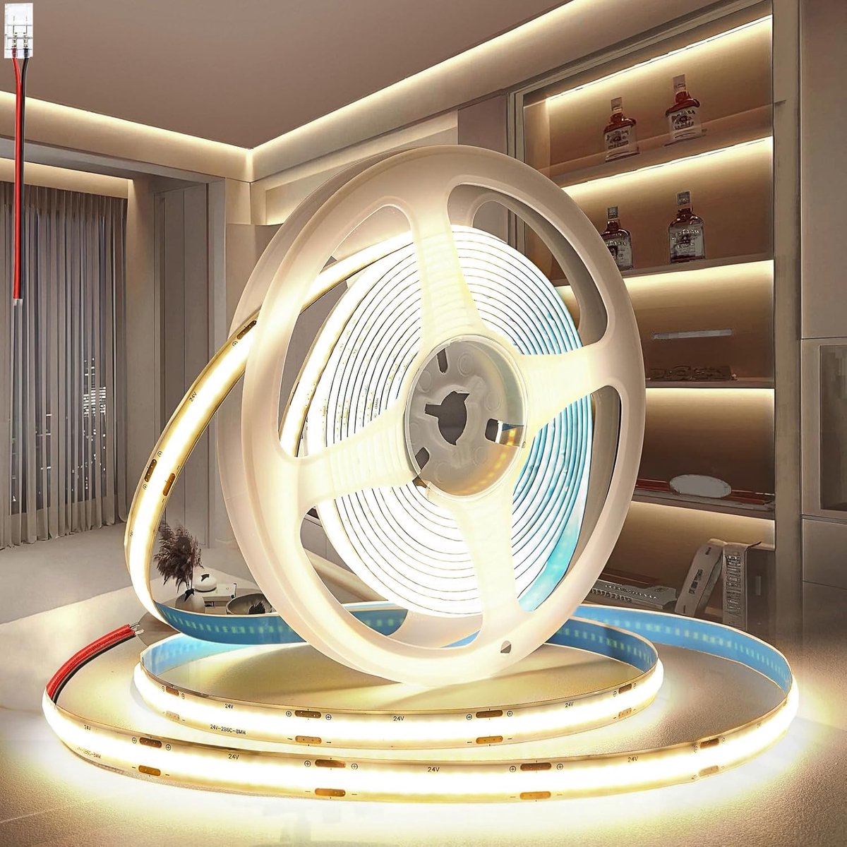 Adhesieve Cob LED strips 12V/24V LED Strip 5M/10M Wit 3000K/4000K/6000K 320leds/m 8mm Breedte, Flexibele IP20 Band Light Diy Bar, voor TV, Slaapkamer Verlichting (Zonder Voeding)