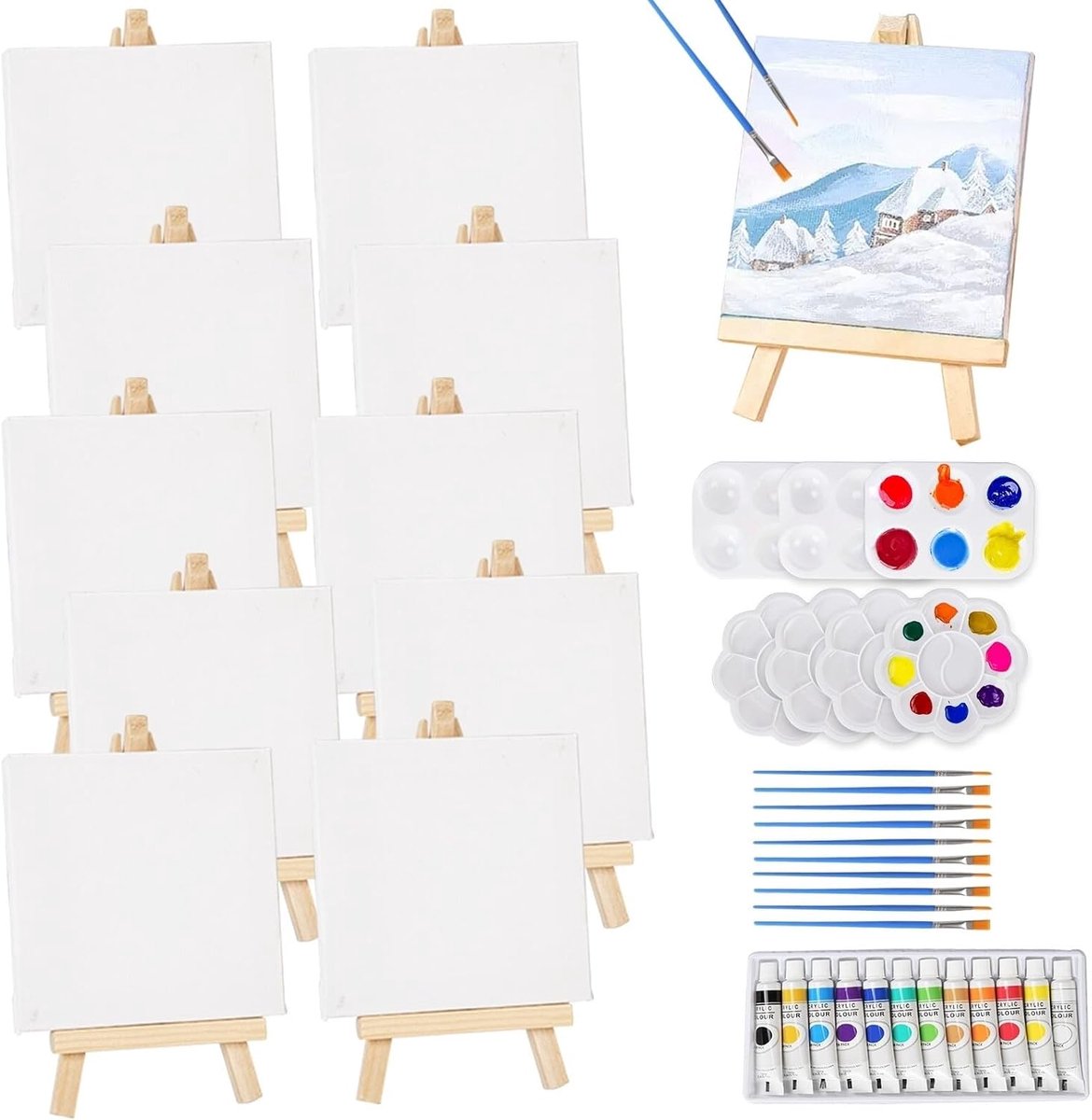 10 stuks mini-schildersezel, kleine doeken met schildersezel, klein, 10 penselen & 12 acrylverf en 7 kleurentabletten, 10 x 10 cm, tafelschildersezel, houten canvas standaard set voor schilderen om te