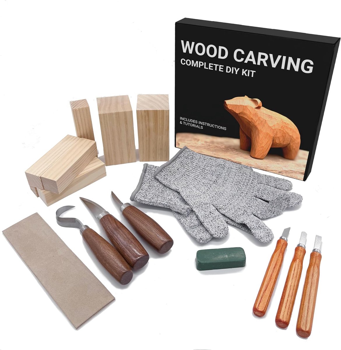 Houtsnijset voor beginners – set met messen, snijbestendige handschoenen L – lindenhouten blokken, slijpstang, Poolse composiet, schede en geleider met tutorials