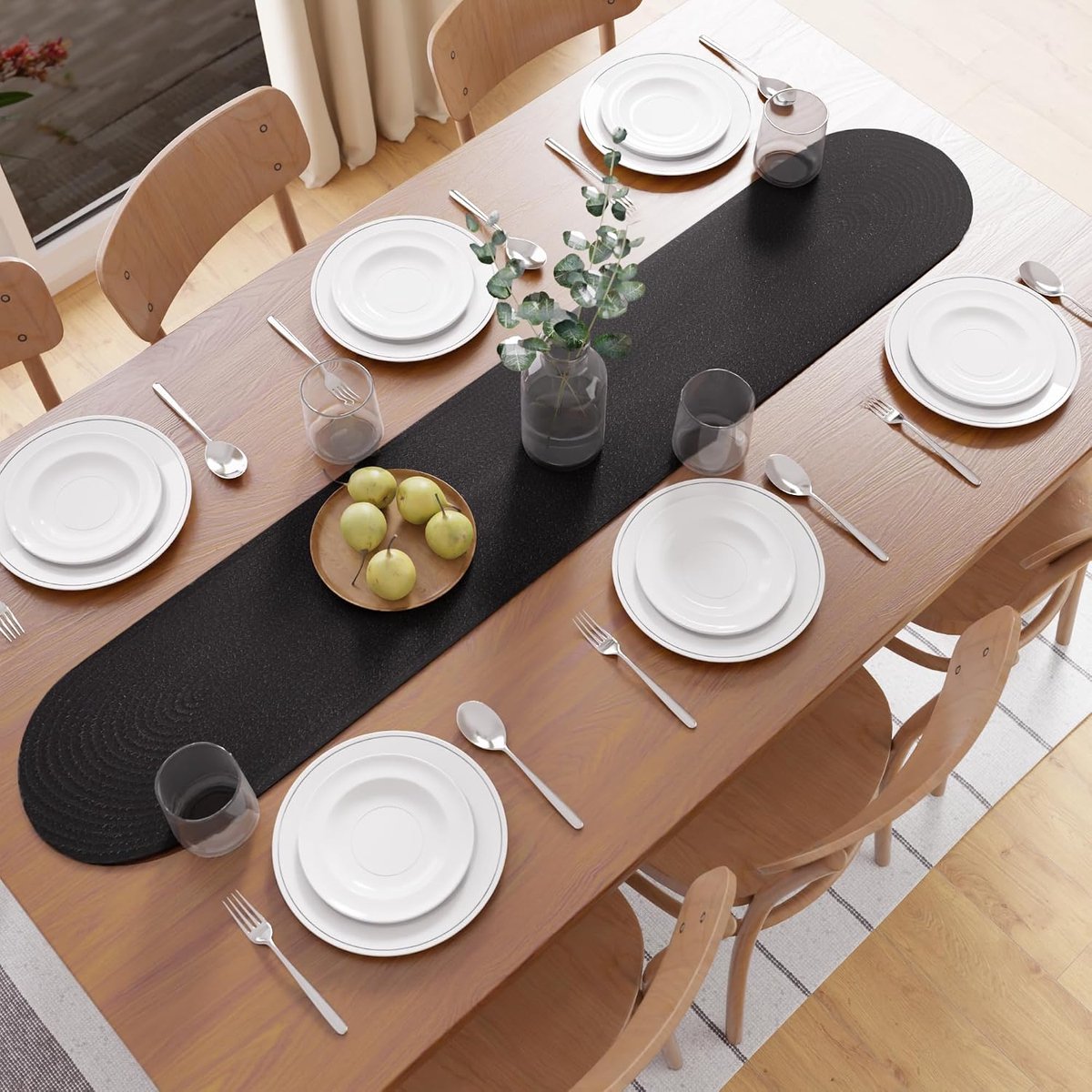 XO Tafelloper voor 4-zits | Handgemaakt geribbeld katoen | 30x137 cm | zwart | voor eet- en middentafel