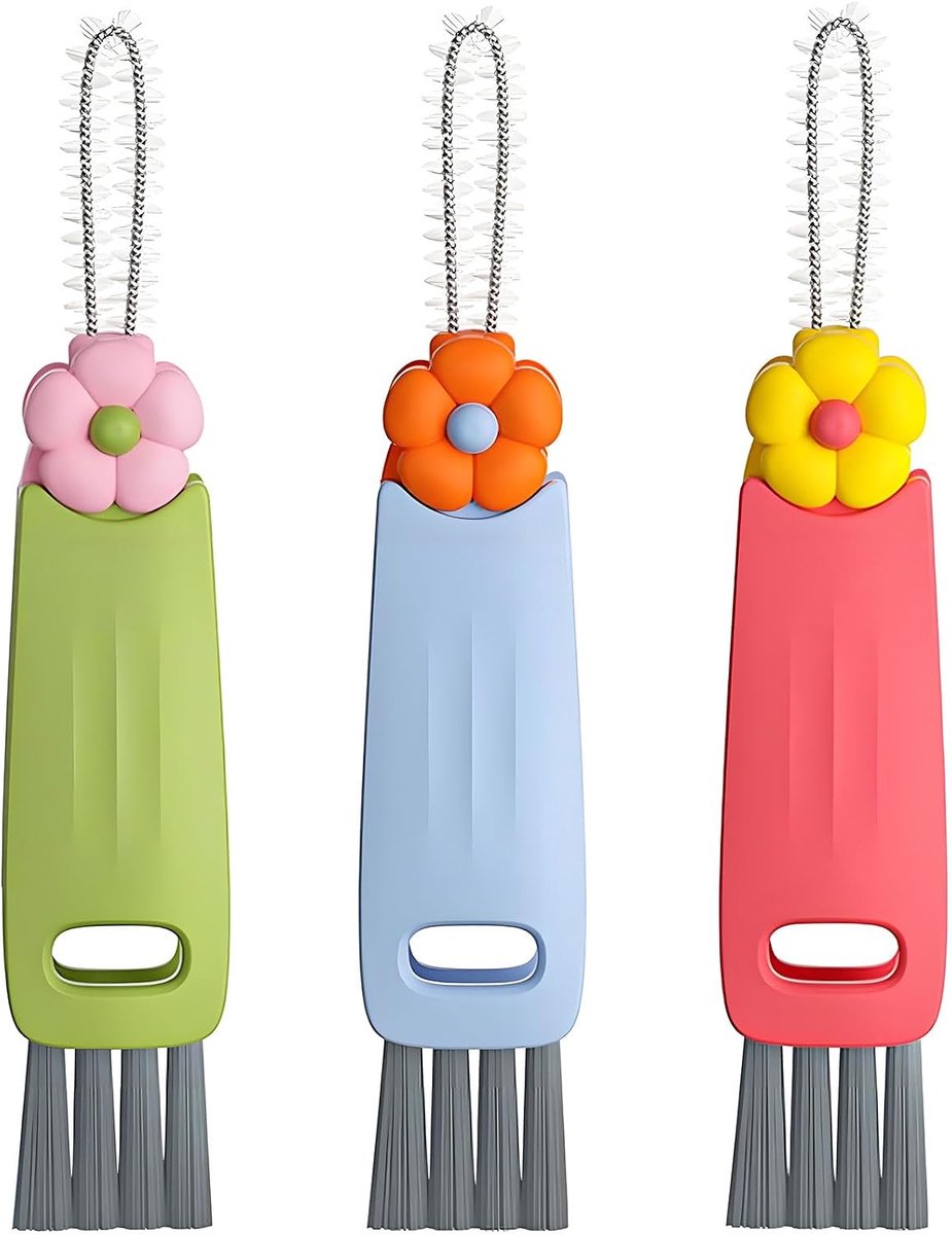 3 stuks 3-in-1 reinigingsborstel voor bekerdeksel, multifunctionele reinigingsborstel voor voegen, draagbaar, voor flessendeksels, verschillende kopjes (blauw, groen, roze)