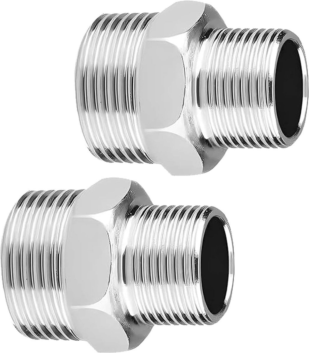2 stuks roestvrijstalen dubbele nippel 1/2 inch AG x 3/8 inch AG, verloopstuk 1/2 inch naar 3/8 inch buitendraad, verloopstuk, verloopnippel verbindingsadapter, flexibele slang waterleiding voor