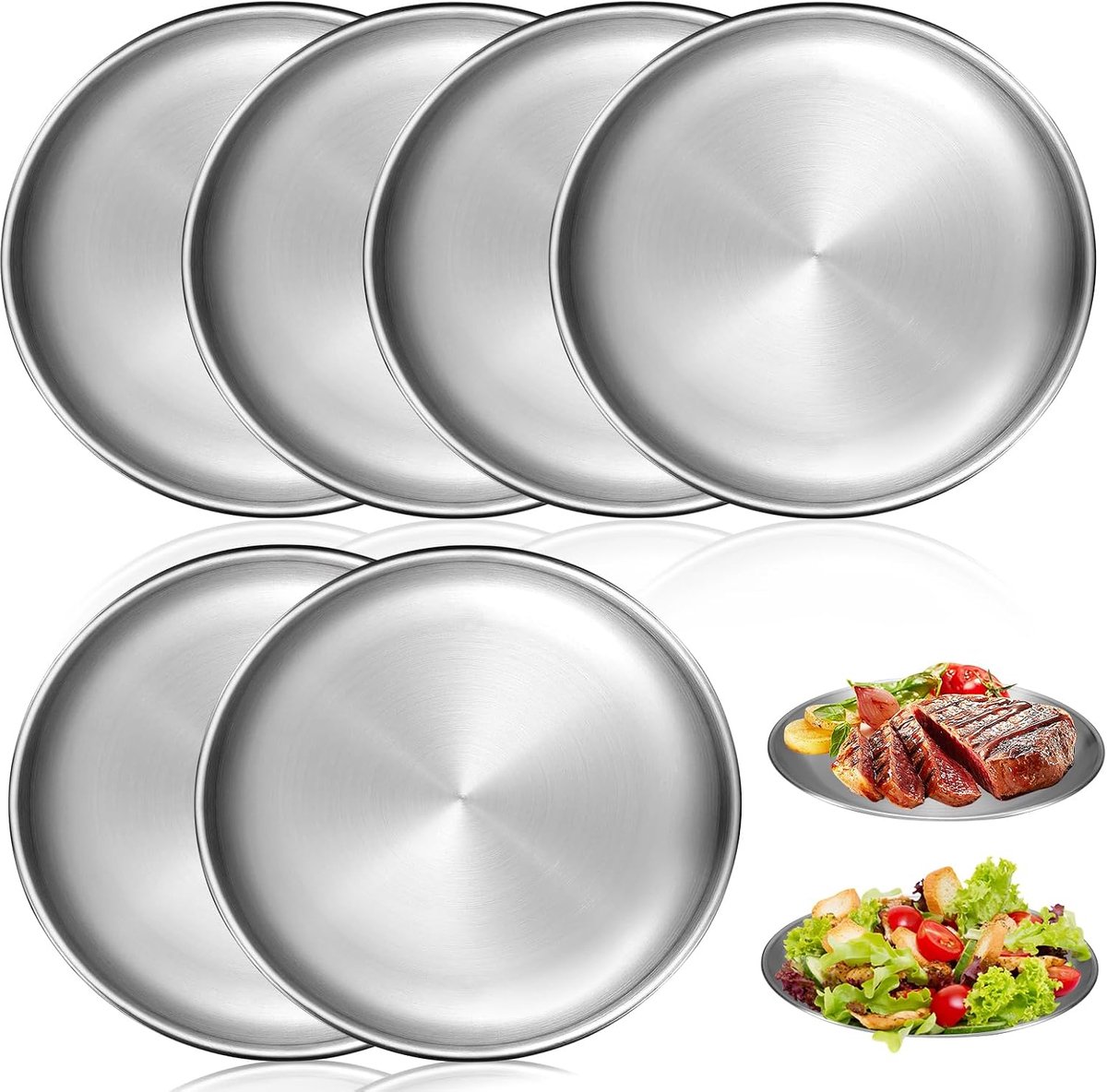 Set van 6 roestvrijstalen borden, Ø 20 cm, roestvrij campingservies voor picknick, keuken en outdoor, vaatwasmachinebestendig en licht