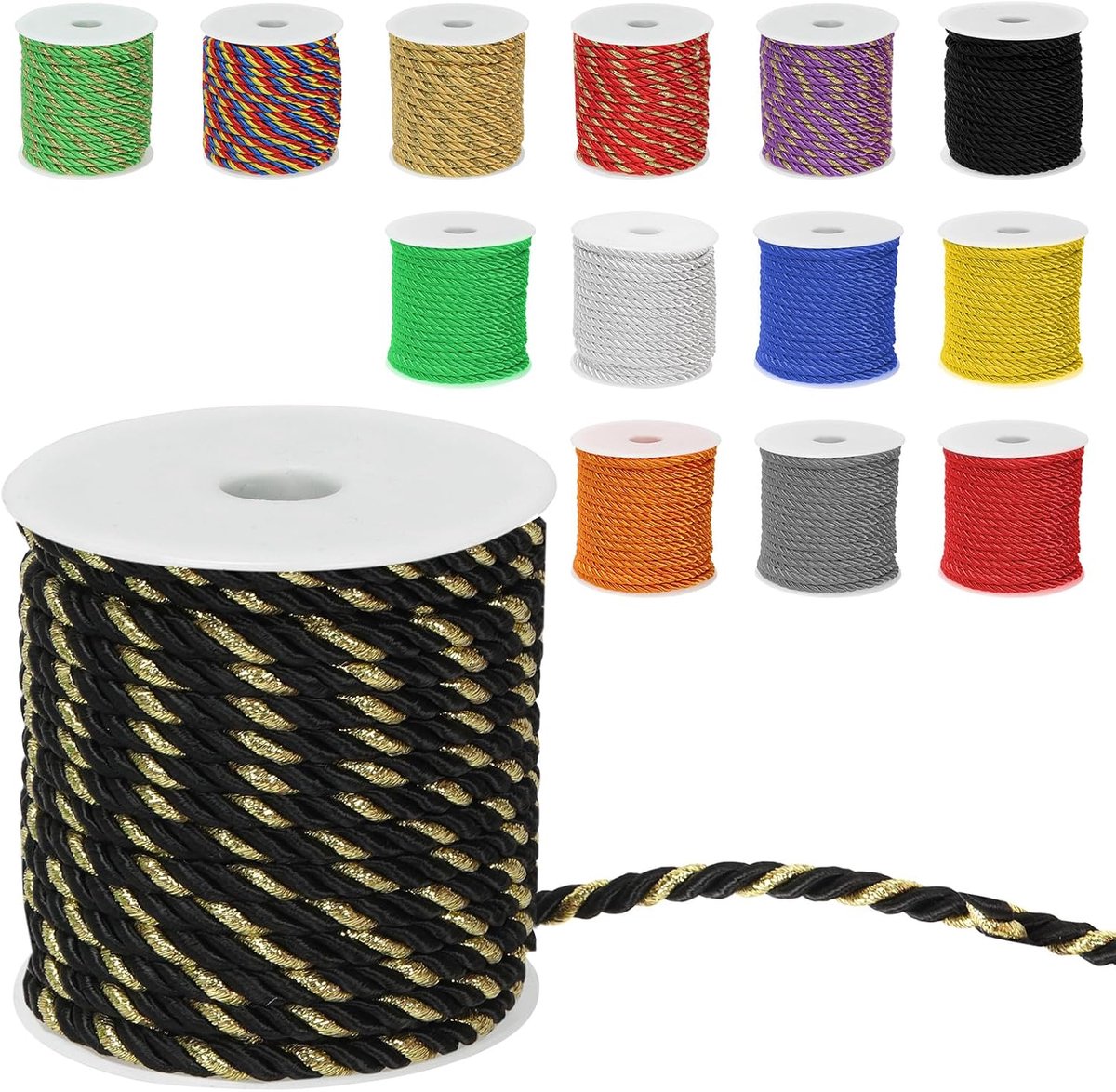 1 Stks 5 mm x 18 m 3-laags gedraaid koord, gedraaid zijden touw koord polyester gevlochten decoratief touw voor huisdecoratie, doe-het-zelf ambachten, gordijnbinding, zwart + goud