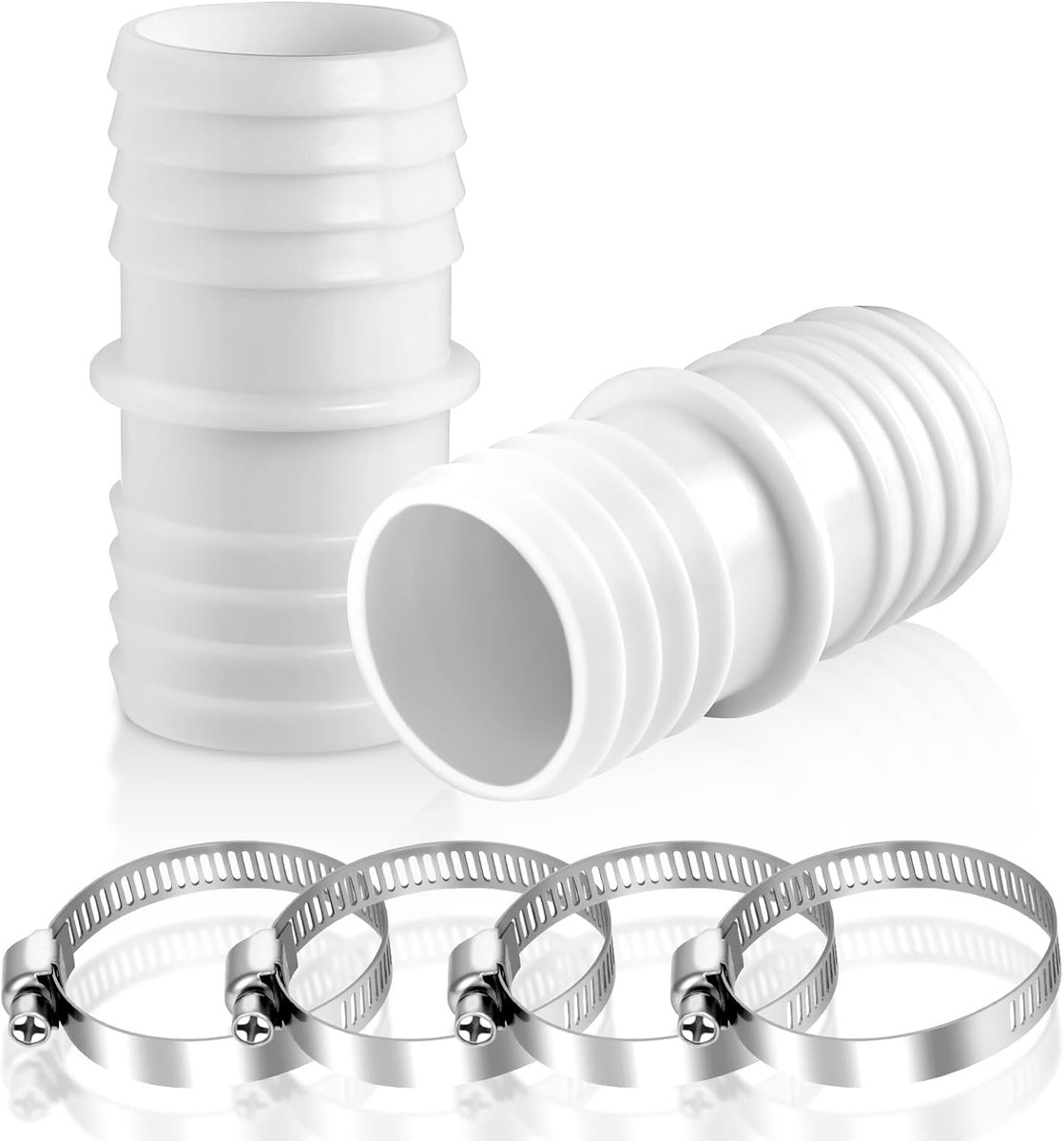 2 stuks zwembadslangkoppeling, slangconnectoren en fittingen, 38 tot 38 mm slangsnelkoppeling met 4 metalen klemmen, slangconnector voor wasmachine, zwembad, stofzuigeradapter (wit)