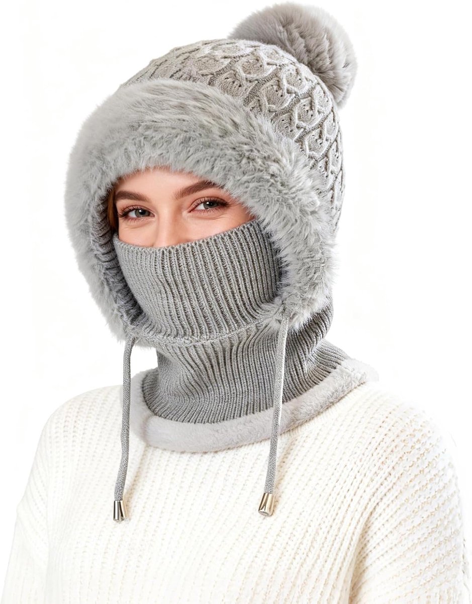 Thermische fleece bivakmuts voor dames, winddicht skimasker gezichtsbedekking, multifunctionele wintermuts met capuchon met nekwarmer snood