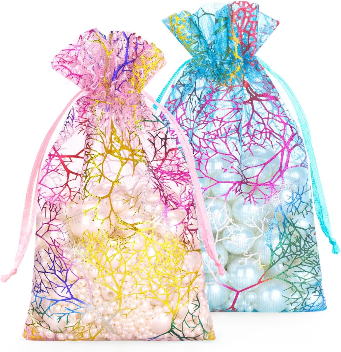 Organza zakjes met blauw-roze: 10 x 15 cm, kleurrijk koraalpatroon, 50 stuks organza geschenkzakjes voor bruiloft, verjaardag, doop, Kerstmis