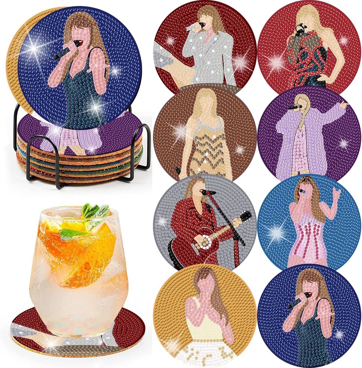 Diamond Painting onderzetters, 8 stuks, diamond painting kunstkits met houder, knutselset voor volwassenen en kinderen, diamantschilderen, knutselen, creatieve set, een cadeau voor