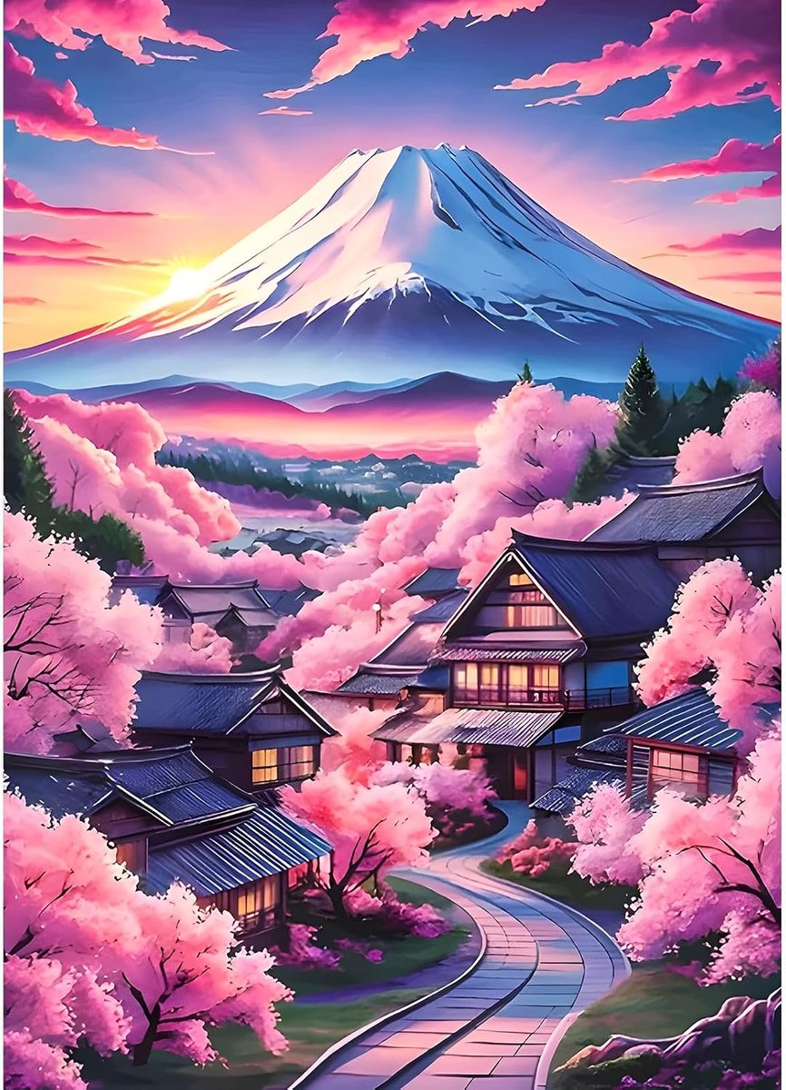 Doe-het-zelf Bergfuji Diamond Painting Kits afbeeldingen voor volwassenen en beginners, 5D kersenbloesem diamond painting set, doe-het-zelf ronde stenen, ochtendgloren, diamant kunst kit
