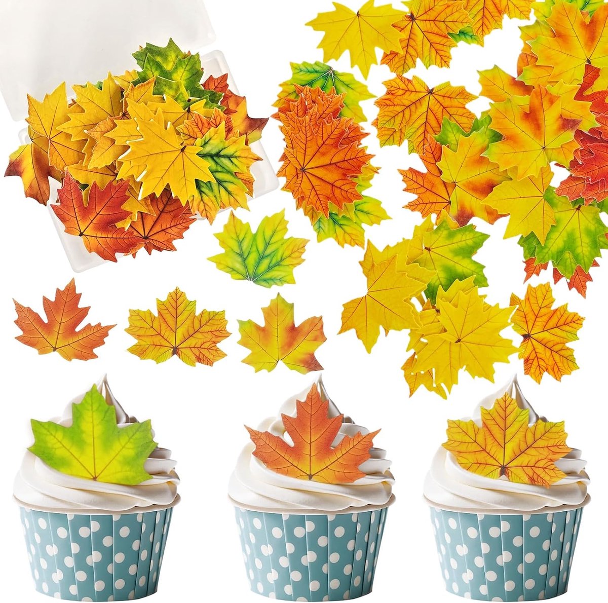 esdoornblad taarttoppers, 48 ​​stuks, herfsttaartdecoraties, eetbare Thanksgiving cupcaketoppers, herfstblad taartdecoratie voor muffins, Thanksgiving feestdecoratie