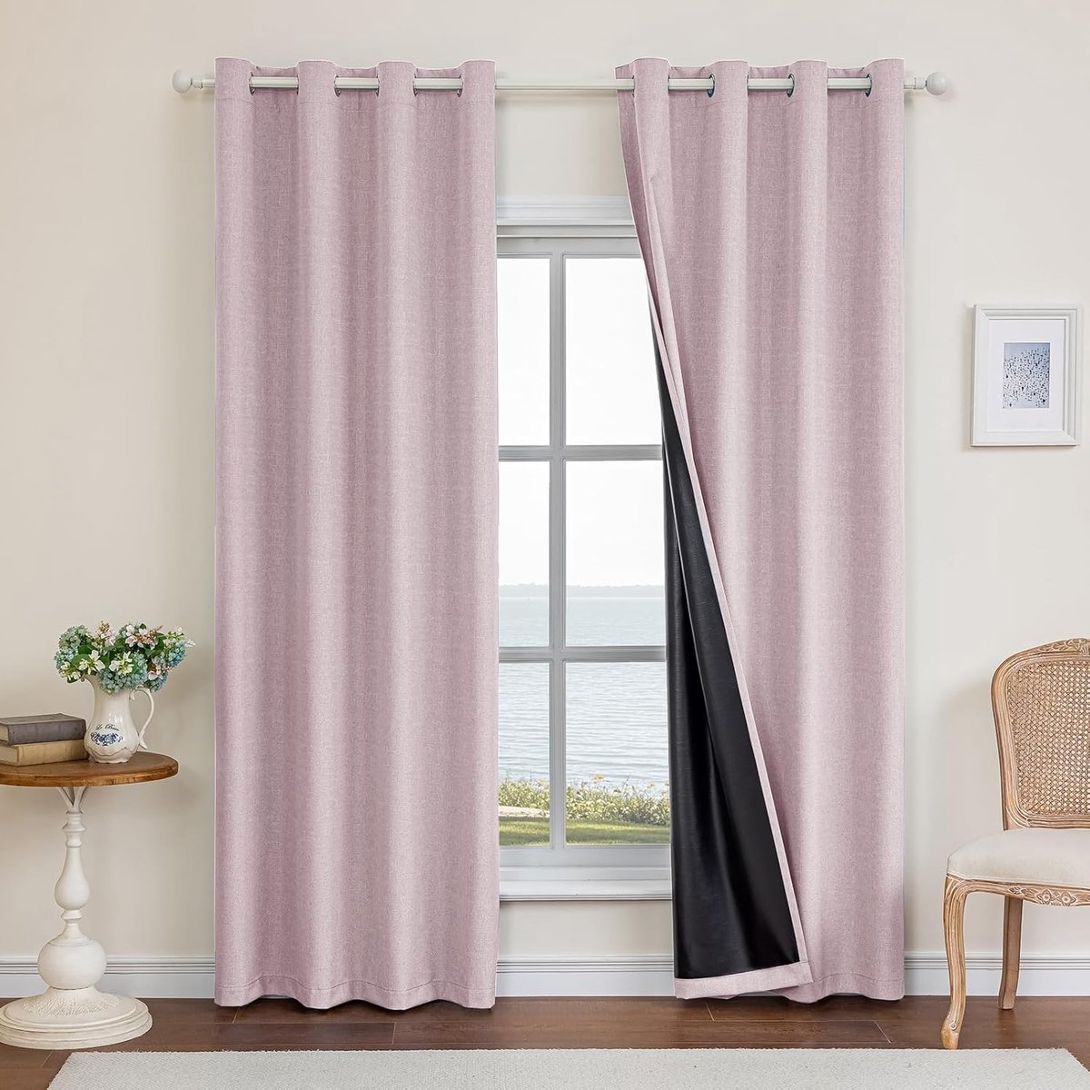 100% Verduisterend Linnen Effect Gordijnen Set Van 2, 140x260cm, Ondoorzichtig Warmte-Isolerende Thermische Gordijnen Met Ringen, Geluidsbescherming, Voor Slaapkamer Woonkamer, Donkerroze