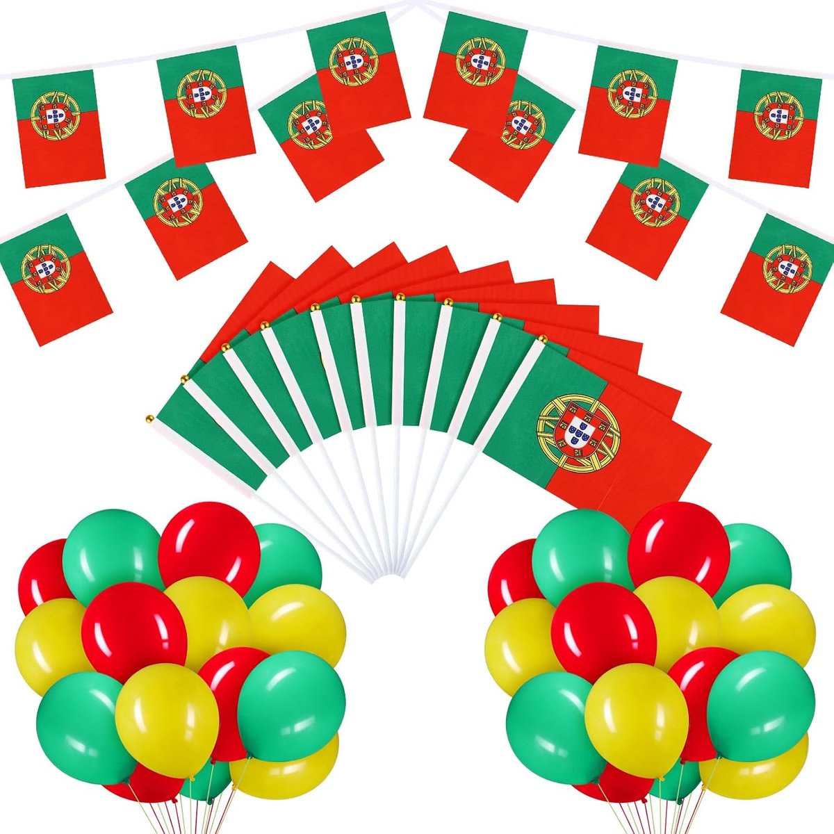 Bannerslinger, 10 handvlaggen, 30 ballonnen voor decoratie van patriottisch themafeest (Portugal) | 10 handvlaggen, 30 ballonnen, voor feestdecoratie met patriottisch thema