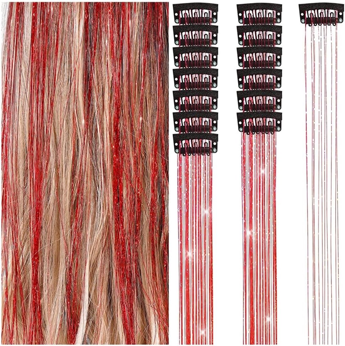 6 stuks Haar Lametta Clip Glitzer Hair Tinsel Clip Glitzer Haarstrengen Lametta Tinsel Haarextensies Glitter Glitzerstrengen voor Cosplay Party Kerstmis Nieuwjaar Halloween Groot Rood