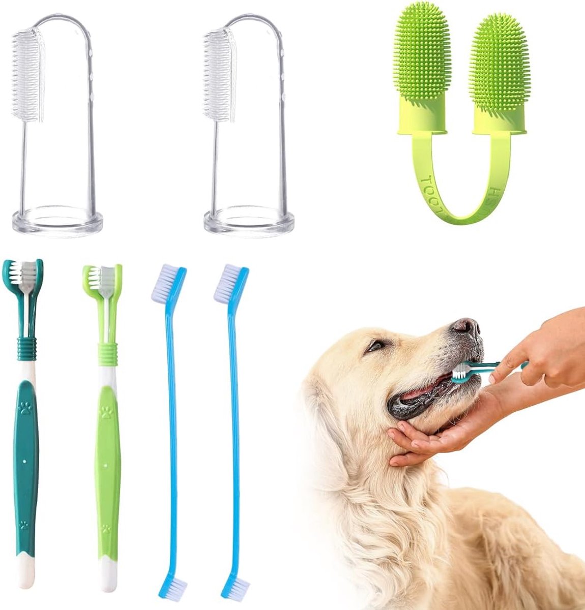 Tandenborstelset, 2 drievoudige koppen hondentandenborstels, 2 dubbele tandenborstels, 3 stuks tandenborstels, vingers, hondentandenborstels, voor honden en katten