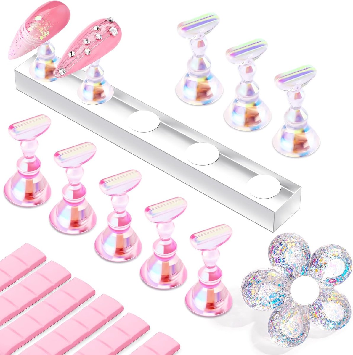 Nagelhouder, nail art, magnetische nagelhouder, nagelstandaard, helder roze, nageldisplay, standaard met