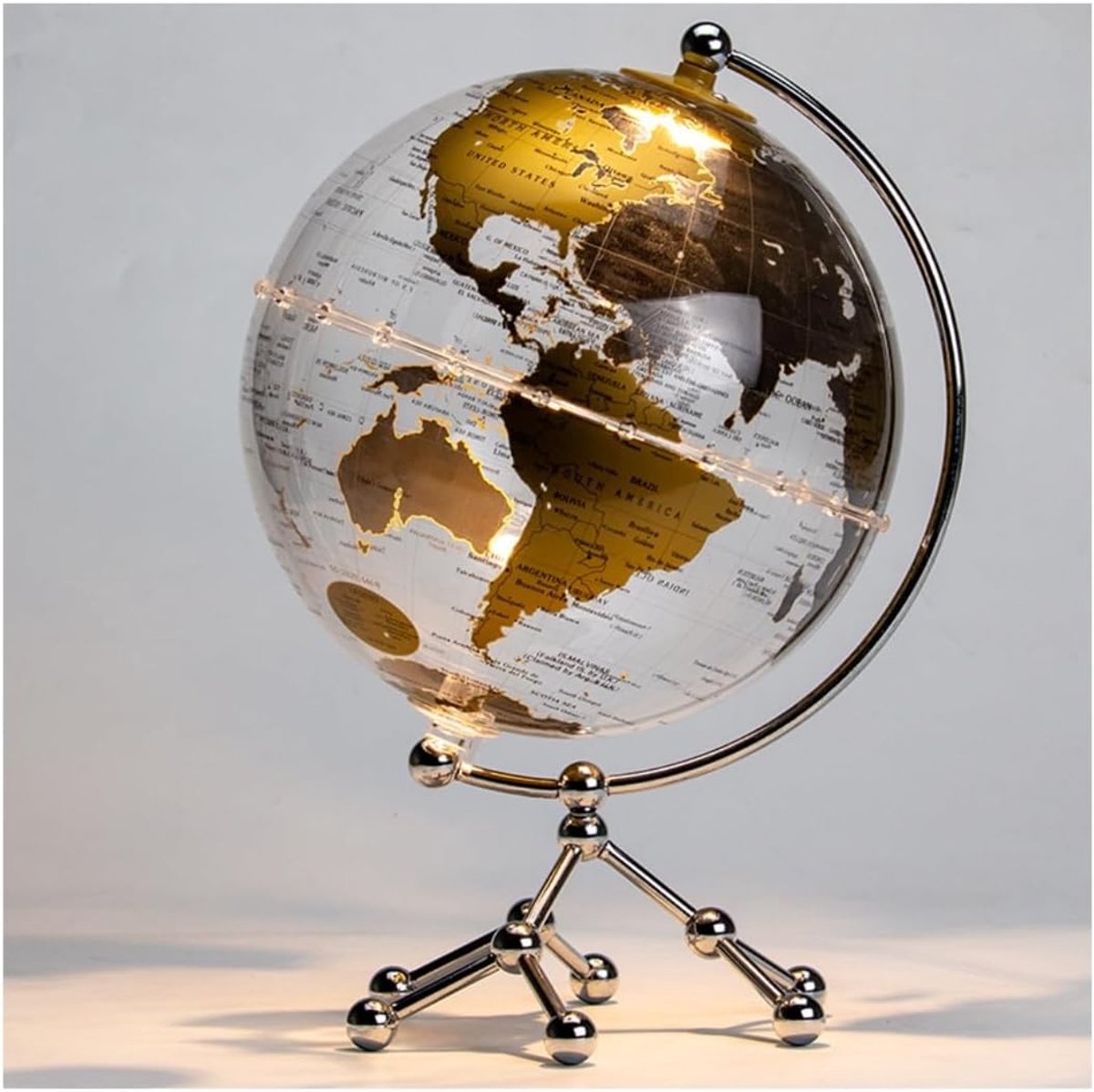 Globo Globo Globe Touch Light 8 inch transparant met metalen voet - Decoratieve tafellamp voor thuis, kantoor, school - handmatige rotatie 360° - pedagogisch cadeau-idee (goud warm licht)