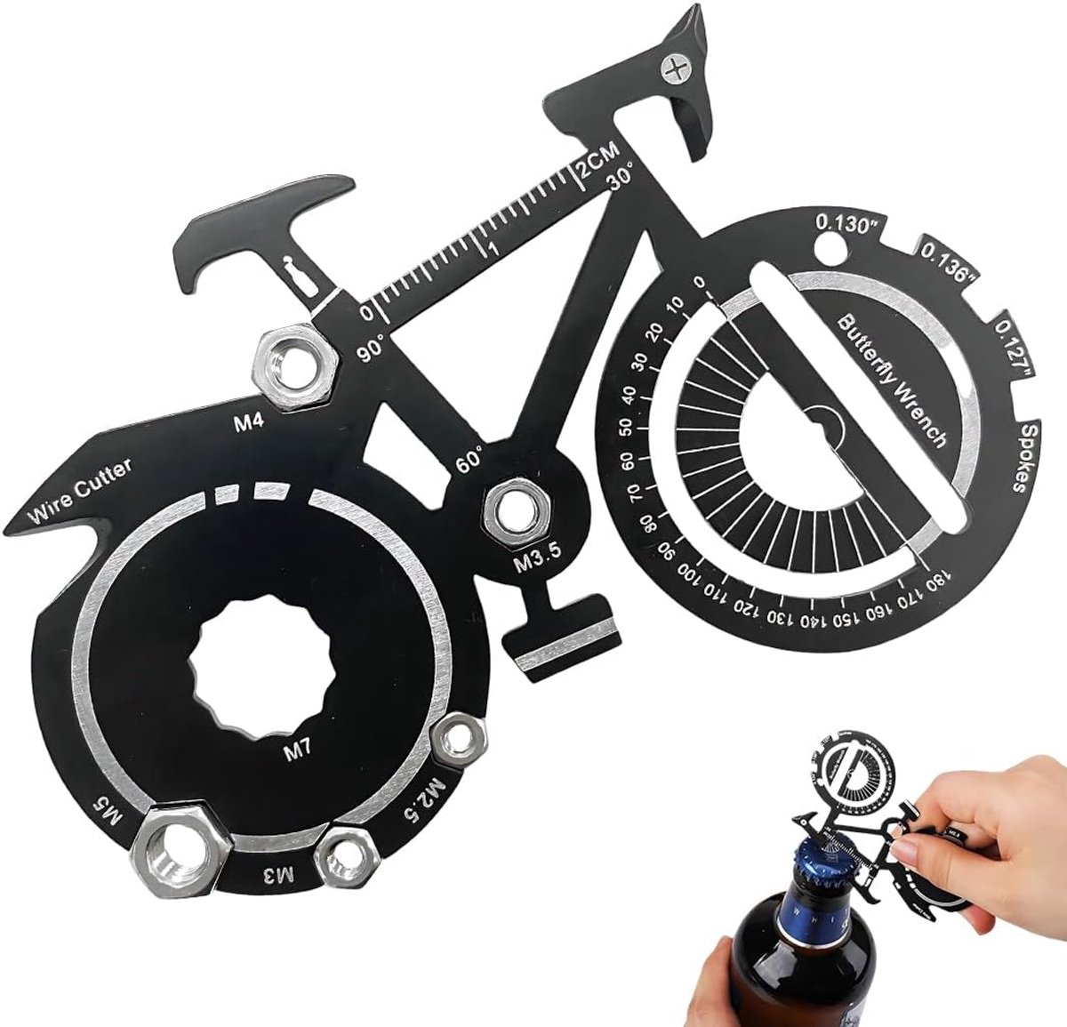 1 multifunctioneel gereedschap in de vorm van een fiets, 20-in-1 gereedschap, perfect voor wandelen, kamperen, bergbeklimmen en sleutelhanger voor dagelijks gebruik (zwart).