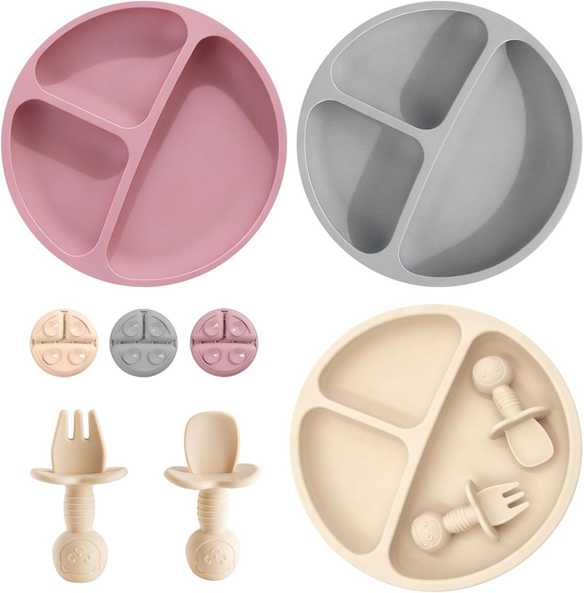 Babybord met Zuignap Antislip, 3 Siliconen Kinderborden met Vakken, Bestek (Vork, Lepel), Zelfvoeding Set met Tafelgerei, Onbreekbaar Borden voor Babyvoeding, BPA-vrij (Roze/beige/grijs)