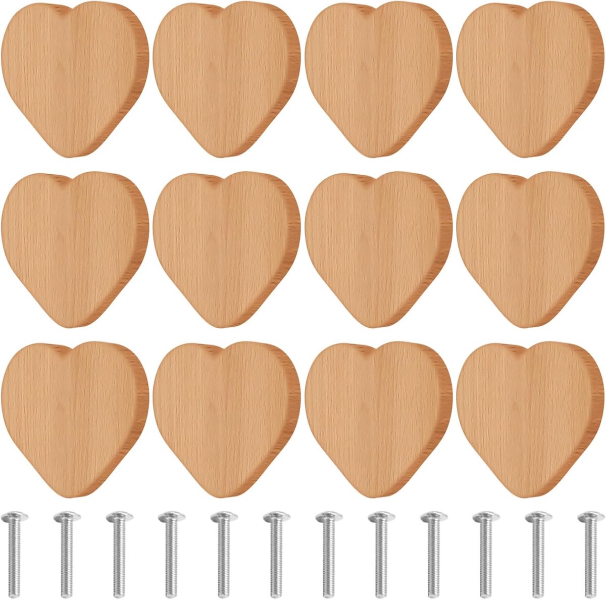 12 stuks hartvormige kastknoppen van hout, houten laden met schroeven, meubelknoppen kastknop, houten handgrepen voor kasten, kastknoppen voor kinderkamerkasten, voor ladekasten