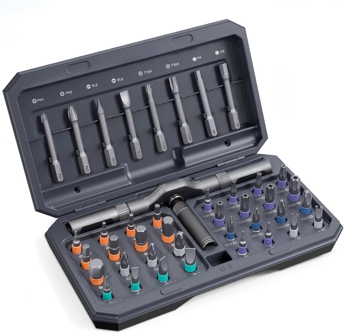 42-in-1 magnetische rateldoos, handmatige doe-het-zelf ratelsleutelset, multi-bit-magneetset met afneembare ratelgreep, draagbare reparatiegereedschapsset voor meubels, grijs