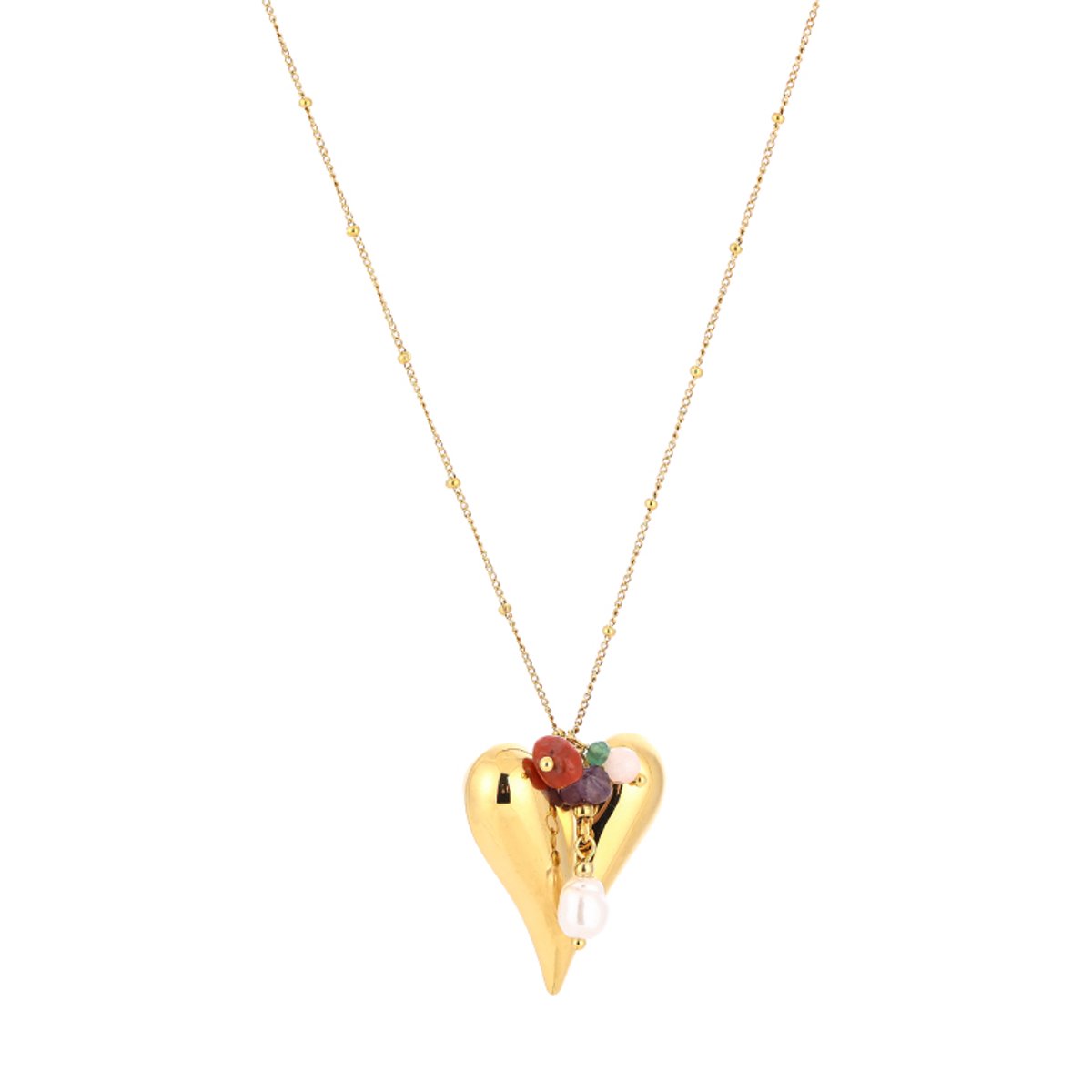 Statement XL Puffed Heart Mixed Gem & Pearl Satellite Long Chain Necklace – Luxe Lange Ketting met XL Hart & Bedels – RVS - Goud