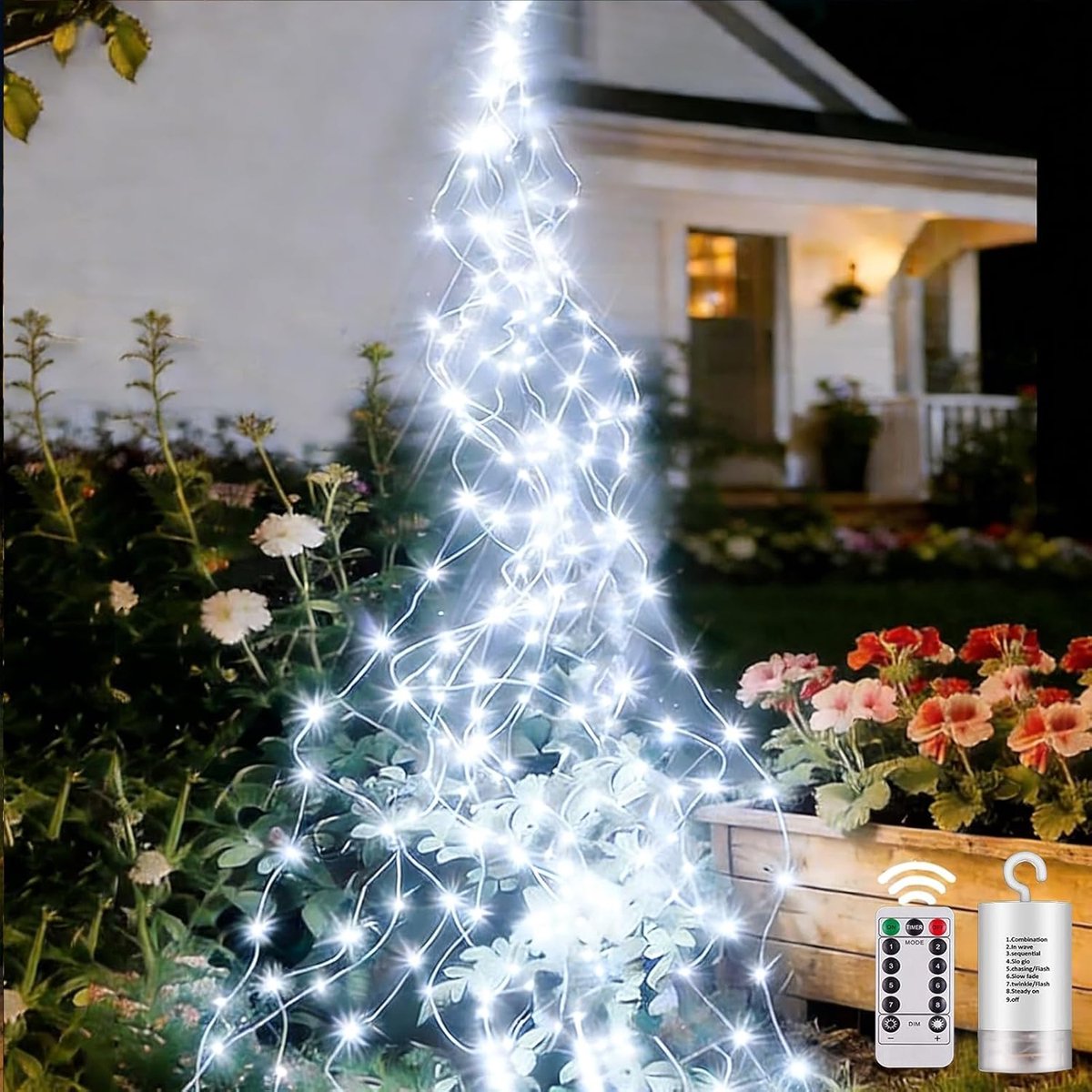 yowin Kleine lichtsnoer, 1 m, 100 leds, met batterij, timer, afstandsbediening, lichtsnoer, 8 modi, waterval, lichtbundel waterdicht, lichtbundel voor gieter buiten en binnen, decoratie, wit