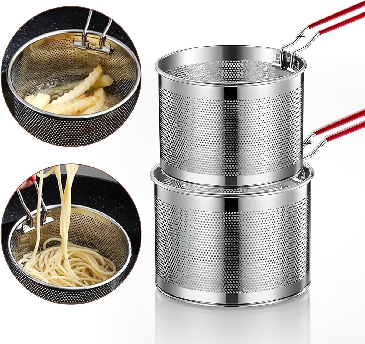 roestvrij stalen voedselzeefset: set van 2 stuks 304 roestvrij stalen noedelzeef, friteusemand met anti-verbrandingsgreep, keukenzeef voor keuken en koken, keukengadgets, Ø16cm+Ø18cm