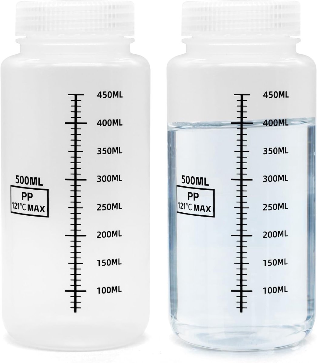 2 stuks PP brede hals, 500 ml, laboratoriumfles met schroefsluiting, doseerfles, schaal-etiketten, reageerbuisjes voor laboratoriumfles, keuken of hobby