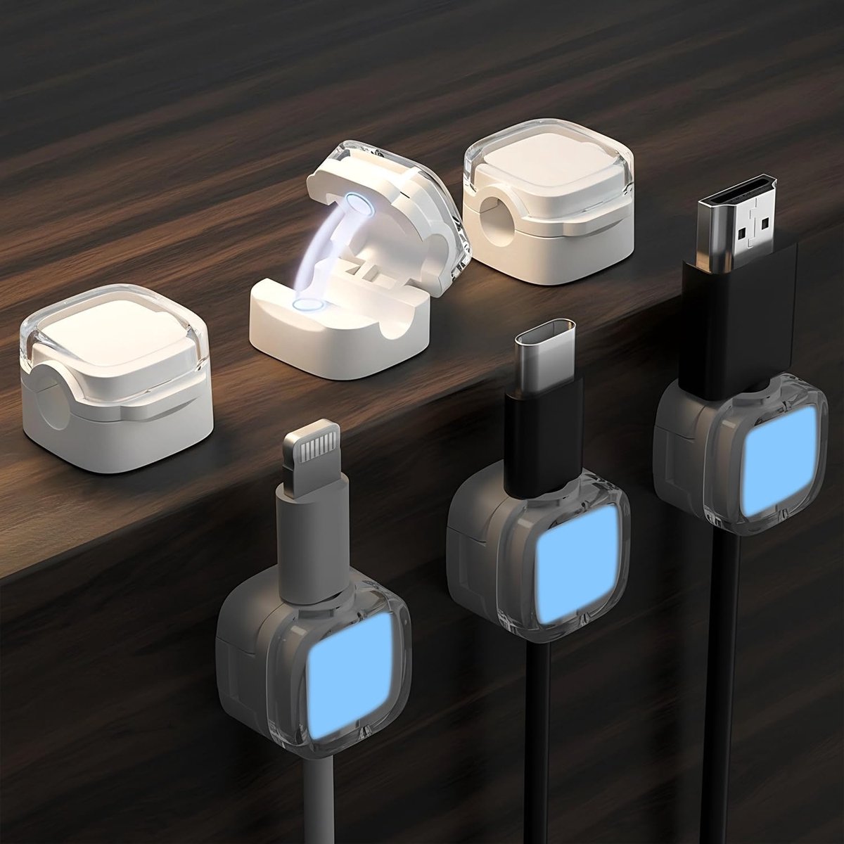 Kabelclips - Lichtgevend in het donker, Zelfklevende Organiser voor bureau, laadkabels & thuis (Wit, ABS)
